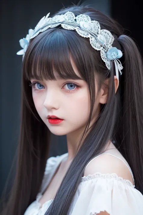 masterpiece.8k.bestquality.detailed.Realstic.ultra-detailed face.cuteeyes.12yearoldgirl.twintail.shinyhair.whitehair. gothic lolita 、 Dark Room、 long hair, bangs,  High Definition ,  ANATOMICALLY CORRECT ,  top quality ,  high definition model ,  High Deta...