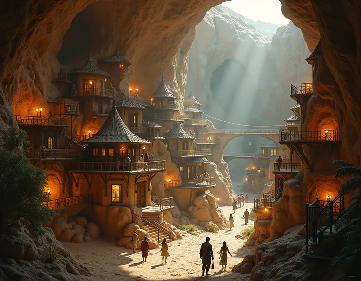  A village with many houses built inside a desert cave,  1920s style wooden houses , Population density , Cave wall houses , Steampunk Desert Scenery , Expanded View ,  Perfect frame .  Lights and Gas Lights ,  City inside a desert cave , Bridges connectin...