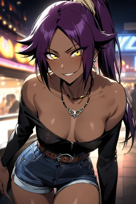 NSFW,masterpiece, top quality , High Definition , very detailed,Yoruichi Shihouin(BLEACH), long hair、 yellow eyes、 ponytail、Purple Hair、 dark skin 、 dark skin の女性, off-shoulder, Denim Shorts,belt, Casual , necklace,Earrings,Bad Smile,Nightlife