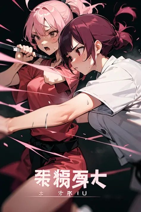 undress Kempo practitioner covered in translucent sweat,
sweating from martial arts.Take off shirt,Japanese text,　
black and pink hair,faceoff, incoming punch, flying kick, 2girls, health bar, motion lines, sequential, holding cutter