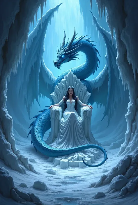 A frost dragon coiled around an icy throne in the heart of a glacier cavern. Blue light reflects off the sharp icicles, while faint silver and black undertones create a cold, ominous atmosphere. A mysterious queen sits on the throne, her gaze commanding, w...