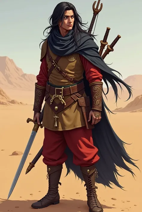 Short skinny mongolian desert ranger with padded light leather armor. Male, Fiery hazel eyes, Very long volumous black hair, scimitar, bow and quiver in the back, black and red scarf, red terracota pants.