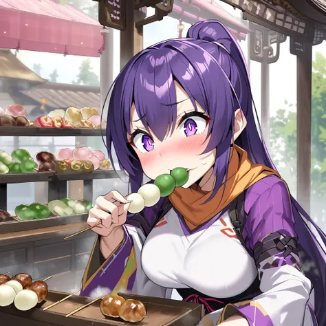 a pretty Ninja girl is sitting on tea-stand bench,biting skewered dango,purple ponytail,big breasts,sharp eyes,blush face