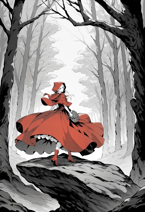 top quality, best quality, highres, unparalleled masterpiece, perfect artwork, paid reward available, anime girl in red riding hood sitting on rock in forest, an anime drawing by Shitao, pixiv, fantasy art, grayscale phtoto with red dress, red riding hood,...