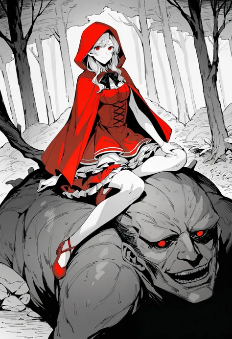 top quality, best quality, highres, unparalleled masterpiece, perfect artwork, paid reward available, anime girl in red riding hood sitting on rock in forest, an anime drawing by Shitao, pixiv, fantasy art, grayscale phtoto with red dress, red riding hood,...