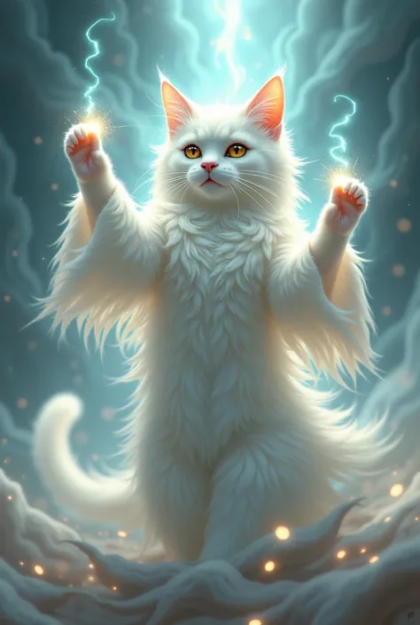  Make the animated image of a cat sorceress that is mystical and pure,  with a sacred appearance ,  white and dazzling , noble and fluffy . Using a sacred command. 