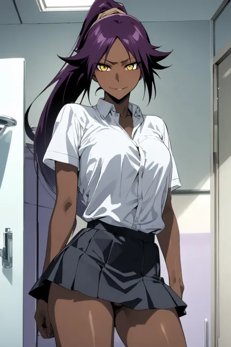 NSFW,masterpiece, top quality , High Definition , very detailed,Yoruichi Shihouin(BLEACH), long hair、 yellow eyes、 ponytail、Purple Hair、 dark skin 、 dark skin の女性, school uniform, dress shirt, miniskirt,School,Health Room,Bad Smile