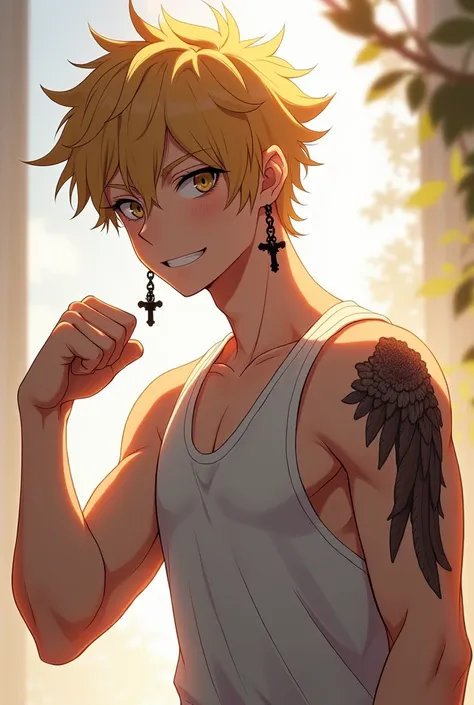  An image of an anime-style boy . He is 25 years old .  He goes to the gym but he is not very marked .  He has a tattoo of wings .  On the left side of his back he has an angel wing .  On the right side of his back he has a devils wing .  He has a tank top...