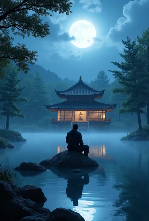  A Japanese temple at the center of the image with a blue sky illuminated by moonlight 

With trees surrounding the temple and a small lake with a rock and on that rock place SibZero from Mortal Kombat sitting and reflecting and with his reflection in the ...