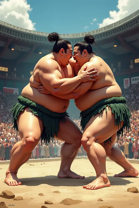  Japanese　Sumo wrestler　2 people　Leg spread　Embrace each other
