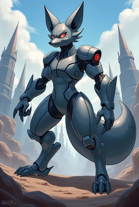  Create and draw a fox Pokémon , steel type , color gris,  in its second stage or intermediate level