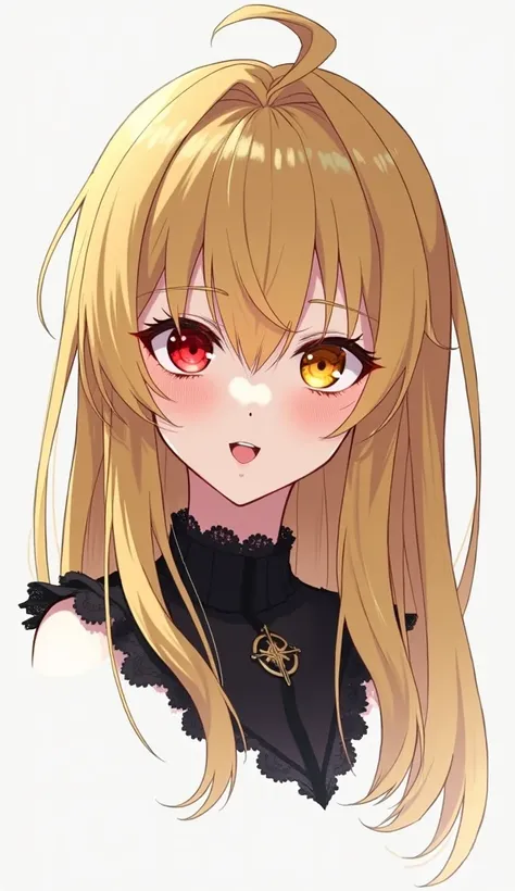 ( red eyes,  yellow eyes ), black lace , ((  right eye red , left eye yellow  )),  beautiful blonde villain  , ((  long-haired blonde, bangs on the forehead)),  half-turned ,  raised her head up,  golden long hair with bangs, ((Heterochromia, (  right eye ...