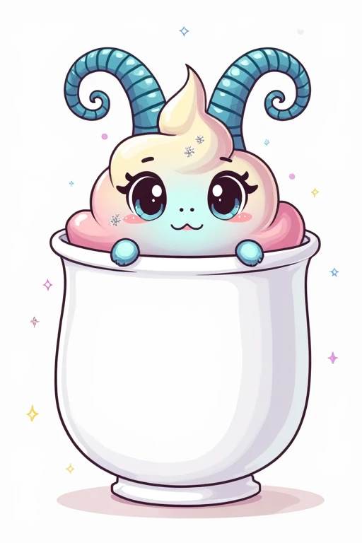 a charming anthropomorphic scoop of frozen dessert adorned with curled, horn-like swirls and glittering details. The creature, seated serenely in a polished bowl, combines cuteness with a slight mystical aura. Its large, expressive eyes and tiny mouth give...