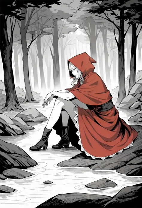 rating_safe, score_9, score_8_up, score_7_up, score_6_up, score_5_up, score_4_up, hires, perfect artwork, paid reward available, anime girl in red riding hood sitting on rock in forest, an anime drawing by Shitao, pixiv, fantasy art, grayscale phtoto with ...