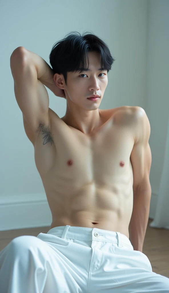 Full-length portrait of a young Korean man in his 20s, with fair skin and short, muscular black hair, inspired by actor Lee Jun-ho,
in a minimalist setting with soft lighting that creates a serene and intimate atmosphere. He is positioned in a relaxed posi...