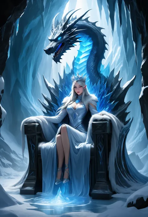 A frost dragon coiled around an icy throne in the heart of a glacier cavern. Blue light reflects off the sharp icicles, while faint silver and black undertones create a cold, ominous atmosphere. A mysterious queen sits on the throne, her gaze commanding, w...