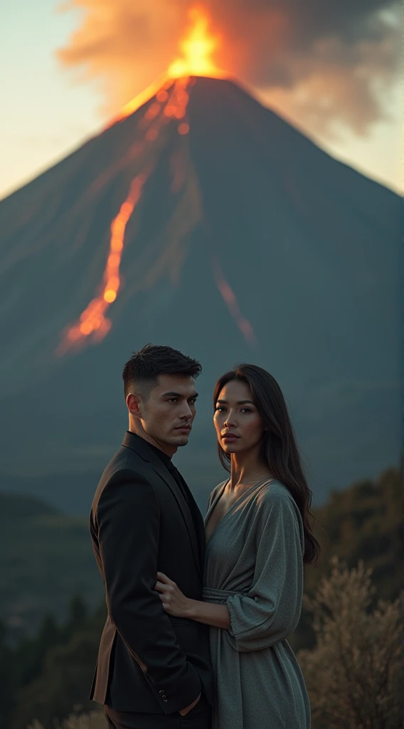 surrealistic, both look at the camera, cinematic lighting, a couple, Ukrainian male model(no beard or mustache), Korean female idol, volcano, perfect hands