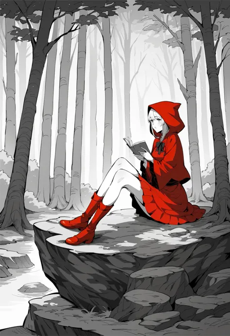 rating_safe, score_9, score_8_up, score_7_up, score_6_up, score_5_up, score_4_up, hires, perfect artwork, paid reward available, anime girl in red riding hood sitting on rock in forest, an anime drawing by Shitao, pixiv, fantasy art, grayscale phtoto with ...