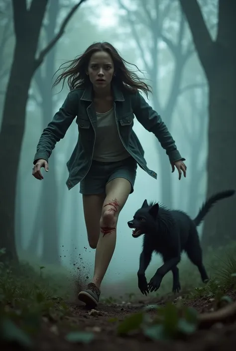 Close up of the legs of a young woman running through the forest. A smaller black beast attacks the girls feet, digging its claws into her legs.  The forest is dark, there is fog and lots of trees. 