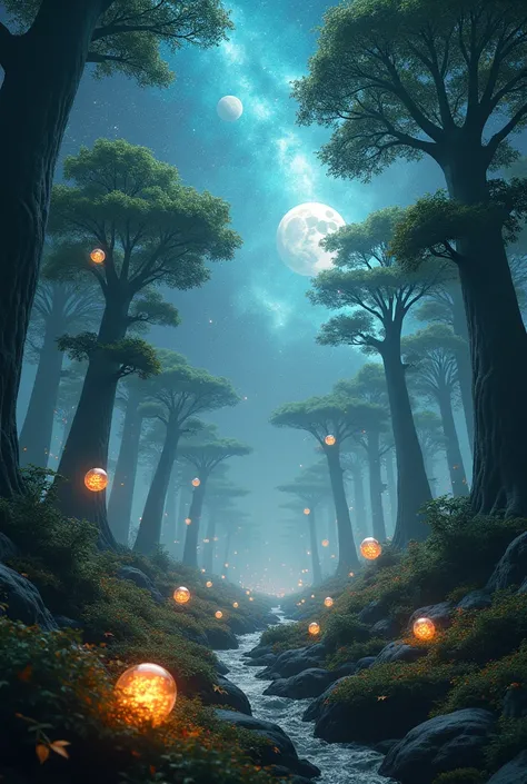 surreal cosmic forest with floating trees, glowing orbs, and a sky filled with stars, planets, and nebulae."