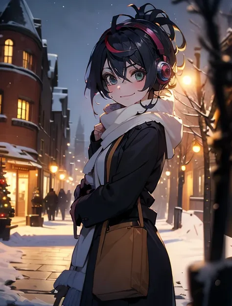 1girl,(solo),short hair,midium breast,(winter coat,scarf),earmuffs,smile,((cowboy shot)),pose,looking viewer,
((christmas tree)),winter,shopping street,snow, more prism, vibrant color, ((masterpiece:1.2)), ((best quality:1.2)), ((highest quality:1.2)), ((u...