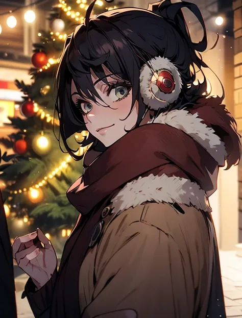 1girl,(solo),short hair,midium breast,(winter coat,scarf),earmuffs,smile,((cowboy shot)),pose,looking viewer,
((christmas tree)),winter,shopping street,snow, more prism, vibrant color, ((masterpiece:1.2)), ((best quality:1.2)), ((highest quality:1.2)), ((u...