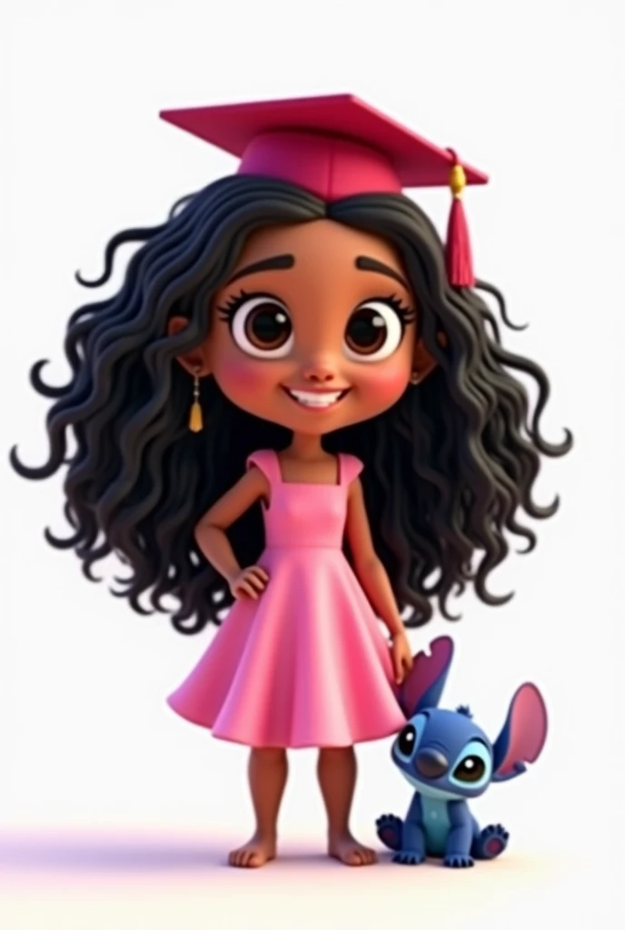  Create a Pixar-style 3D image of  , frizzy black hair , and long,  tanned skin striking round eyes . She wears a beautiful pink dress ,  she wears a graduation hat and is very happy with a big smile. She is with her friend Stich, an alien creature with bl...