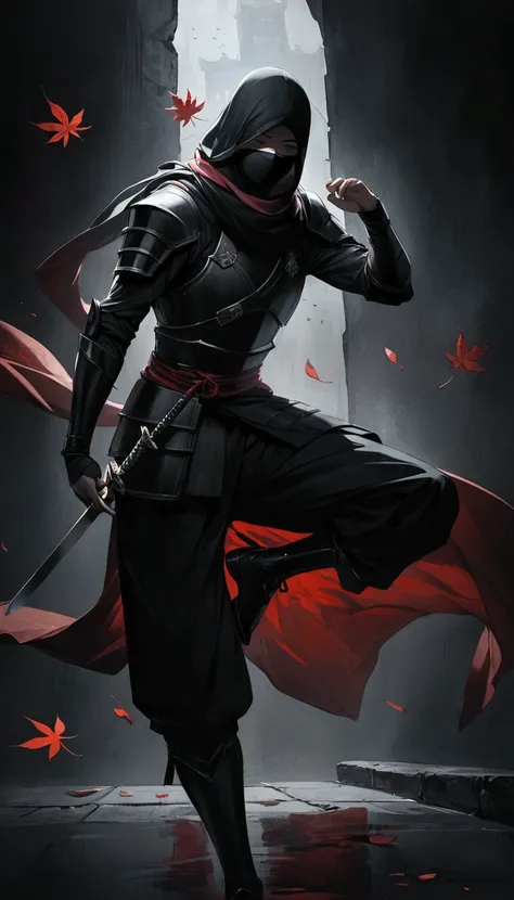 masterpiece,best quality,Alone,tall and thin ninja character,(wearing minimal ninja armor,scarf,Masked,soft cloth covered his eyes,that is dark purple black,sleek,reflective fabric on the armor,matte cloth for the scarf,red color accent), high kick pose,((...