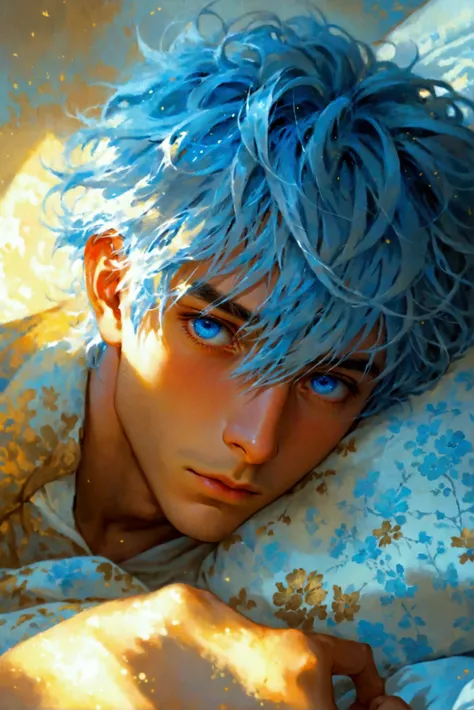 Man, full body image, wide camera shot, highest quality, semirealistic illustrated style, male, light blue hair, blue eyes, scrawny body, bashful expression, ivory colored skin tone, blue eyes, background of a bed, lace, golden hour lighting
 long white ha...