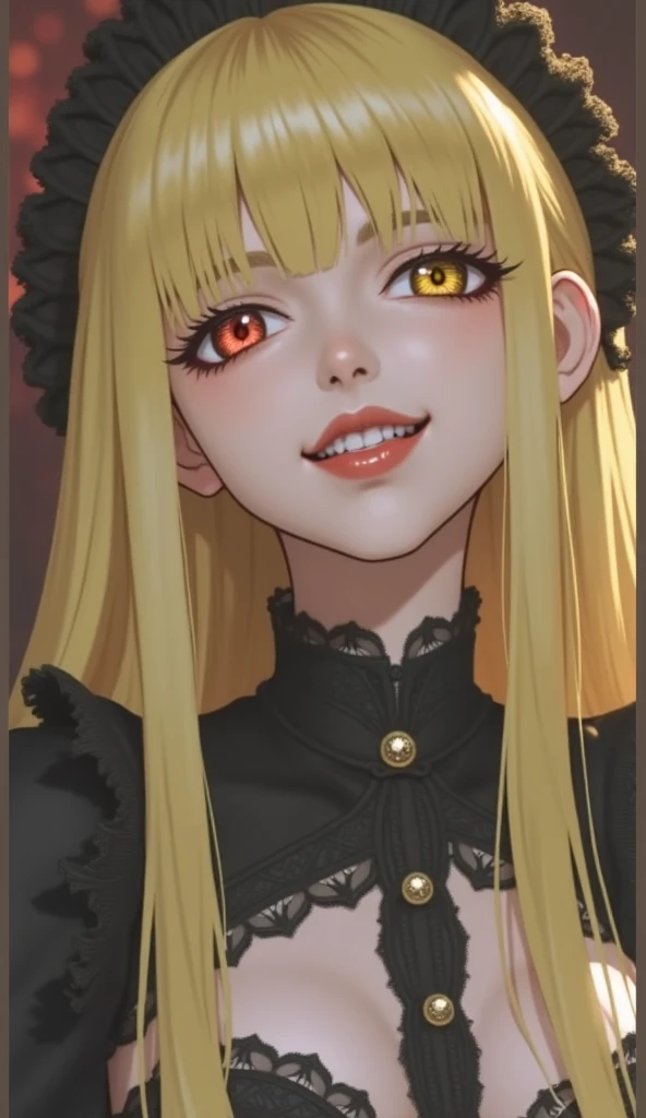 ( red eyes,  yellow eyes ), black lace , ((  right eye red , left eye yellow  )),  beautiful blonde villain  , ((  long-haired blonde, bangs on the forehead)),  half-turned ,  raised her head up,  golden long hair with bangs, ((Heterochromia, (  right eye ...