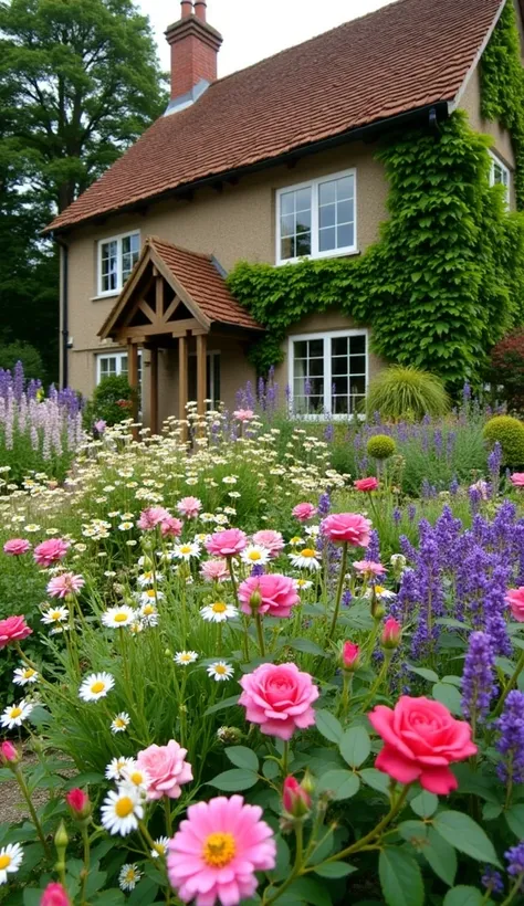 English Cottage Garden: A charming and colorful garden filled with blooming flowers like roses, lavender, and daisies. The house in the background has a quaint cottage aesthetic, with ivy-covered walls and a thatched or tiled roof.