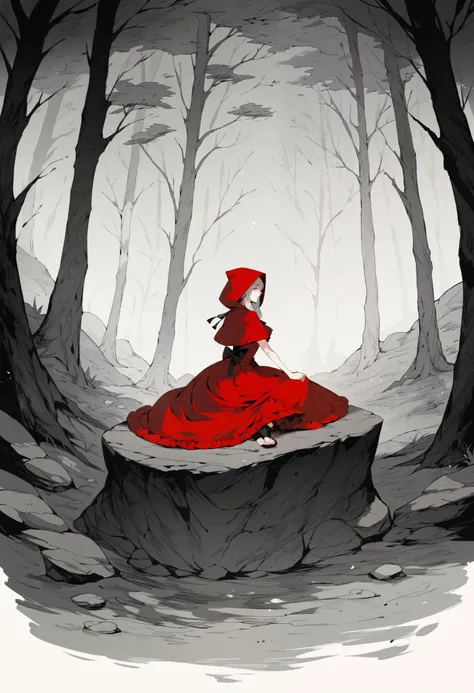 rating_safe, score_9, score_8_up, score_7_up, score_6_up, score_5_up, score_4_up, hires, perfect artwork, red riding hood sitting on rock in forest, pixiv, fantasy art, grayscale with red dress,