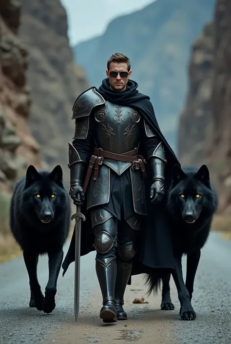 A man dressed like a knight with elegant armor, walking between two large black wolves with yellow glowing eyes. The man carries a sword, and wears sunglasses, giving a mysterious and authoritative impression. The background is a rocky road in the middle o...