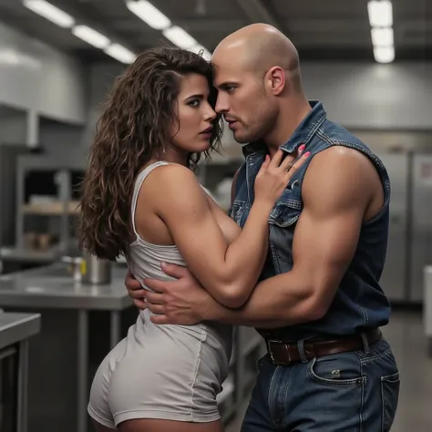 Candid photograph of a scene in a movie, where a gorgeous Italian woman, upturned nose, dressed in a high closure white leather sleeveless mini dress is resisting a balding man wearing a denim shirt with rolled up sleeves and jeans, they are wrestling as h...