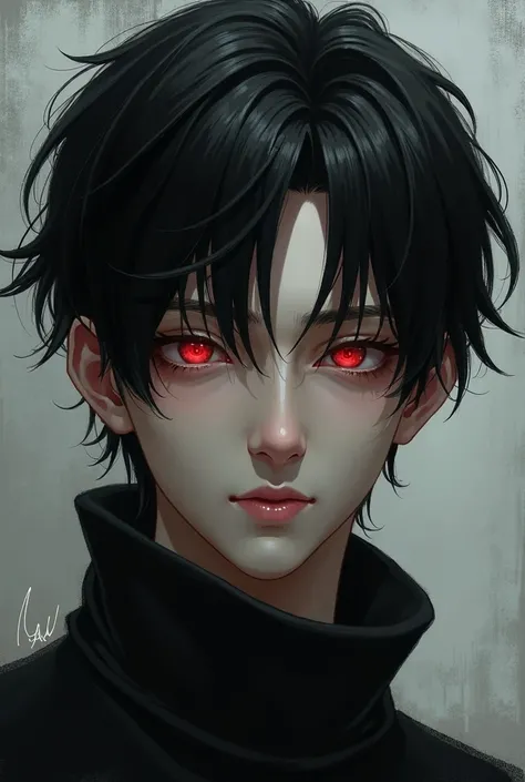 A young adult, man, With black hair and crimson eyes. with wolf ears. Playful smile on her lips.