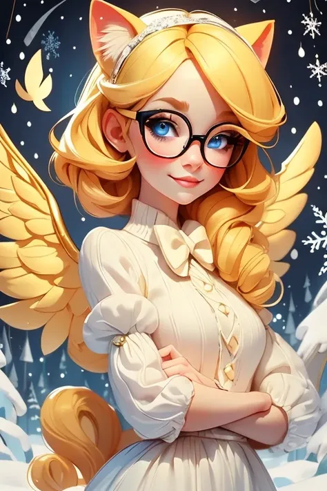 Perfect face. Perfect hands. A blonde haired woman with blue eyes and blonde cat ears and a blonde cat tail and white wings i and glasses and short hair in a cute winter wonderland dress is smiling in a winter wonderland