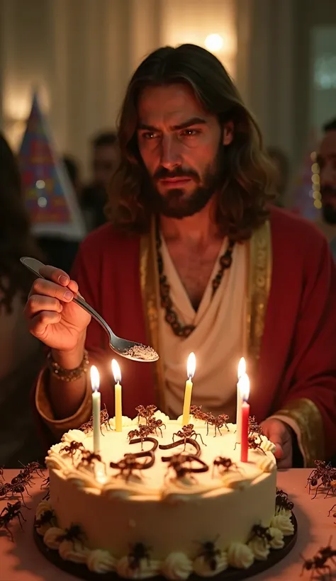  seen from the back of the room , Jesus Sad Face ,  at his birthday party ,  crying,  with a spoon in their hand and about to eat a cake full of ants,  many ants around the cake ,   with people wrapped laughing at him , with birthday hats ,  with candles o...