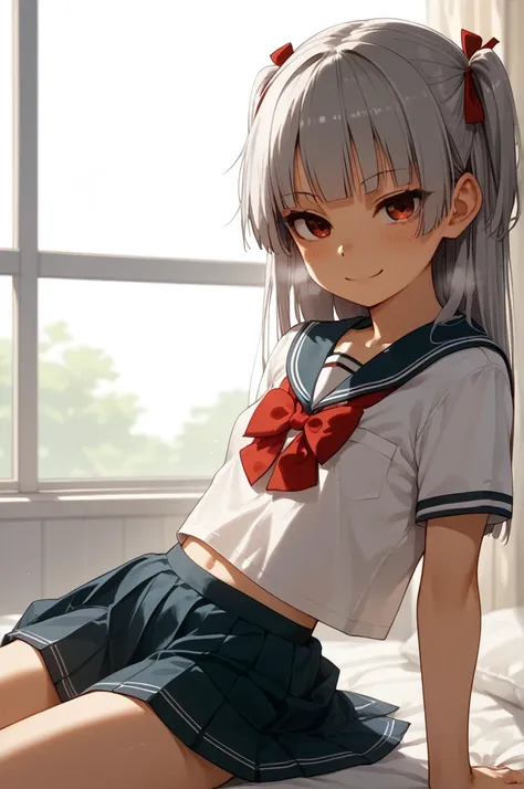 masterpiece, top quality ,( one girl),school uniform, on the bed,1girl,(((Sanpaku))),ideal ratio body proportions,petites,slender,small breasts,two side up,,silver hair,seductive smile,loli,in heat,nsfw