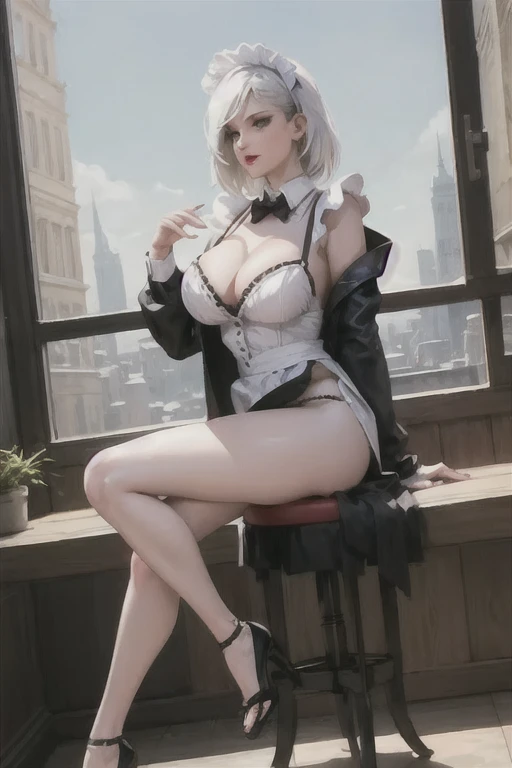 (The Masterpiece:1.2, need), (real shot, intricately sculpted), solo, 1lady,whitehair,long way hair, sheer see-through Maid outfit,short skirts,High-heeled sandals,Manicure, NSFW, huge natural breasts, no underwear, nude under maid uniform,