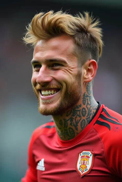 The European man, golden-brown-haired, is a world-class footballer, hes wearing a football suit and hes smiling.  He is about 25 years old, he is very handsome and has a tattoo that says "Align" on his neck, it is a half-body photo.