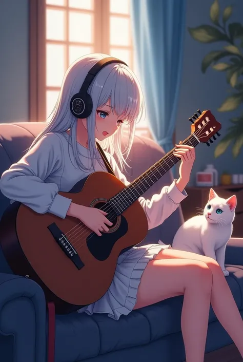 anime girl with headphones playing guitar on couch with cat, playing the guitar, nightcore, anime vibes, guweiz, artwork in the style of guweiz, playing guitar, playing a guitar, anime cover, is playing a lute, playing guitars, anime moe artstyle, perfect ...