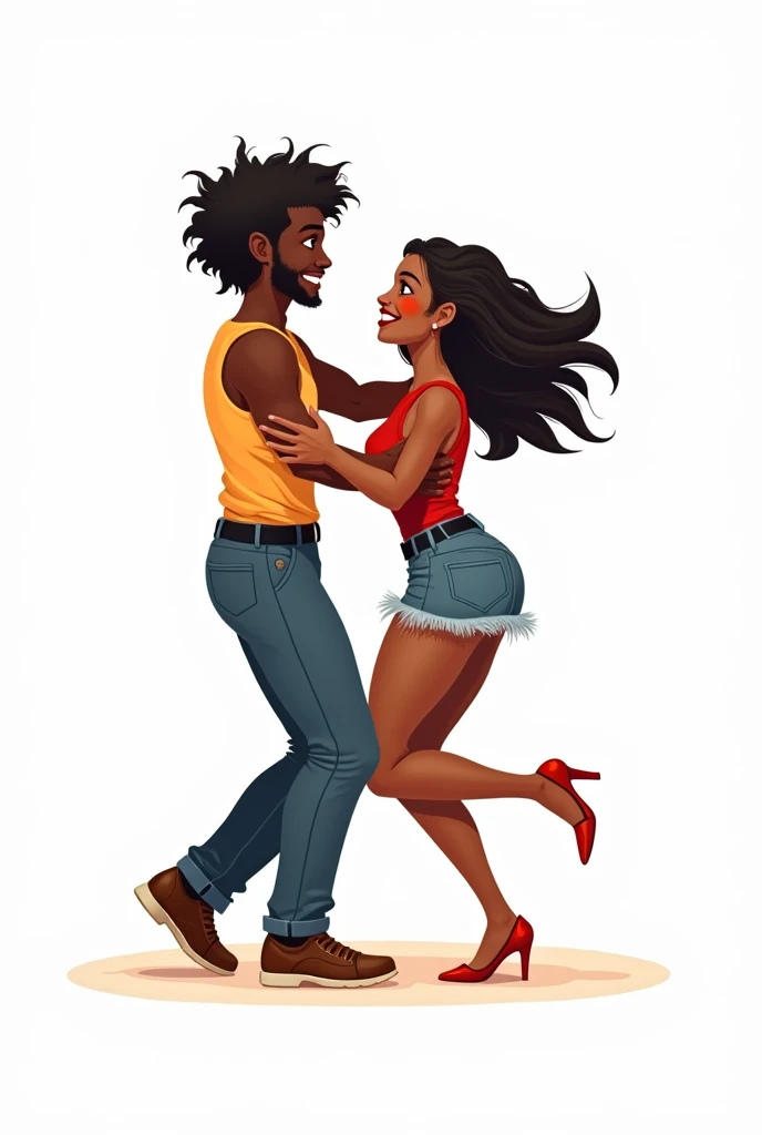  Cartoon of a couple of black people, dancing samba, 2d cartoon style,   totally white background , The woman is wearing denim shorts .