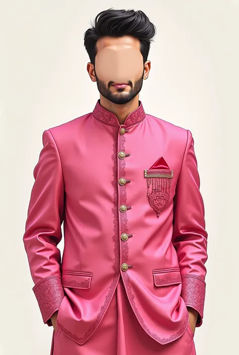 Digital Illustration hand drawn picture of a Pakistani groom wearing pink Kurta pajama and jacket. Having no eyes nose lips.