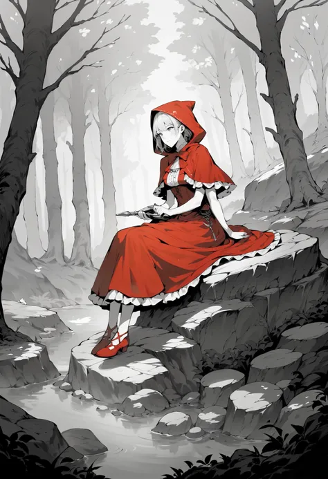 top quality, best quality, highres, unparalleled masterpiece, perfect artwork, monochrome, red riding hood sitting on rock in forest, pixiv, fantasy art, grayscale with red dress,