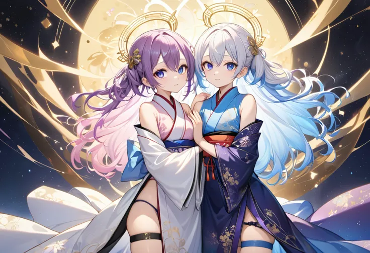 Fair-skinned twins
Siblings
Older sister is a girl
Brother is a boy
Brother has short hair
Older sister has super long hair
Full-body drawing,
Both siblings are 158cm tall,
Older sister has fair skin,
Older sister has blue right eye,
Older sister has purpl...
