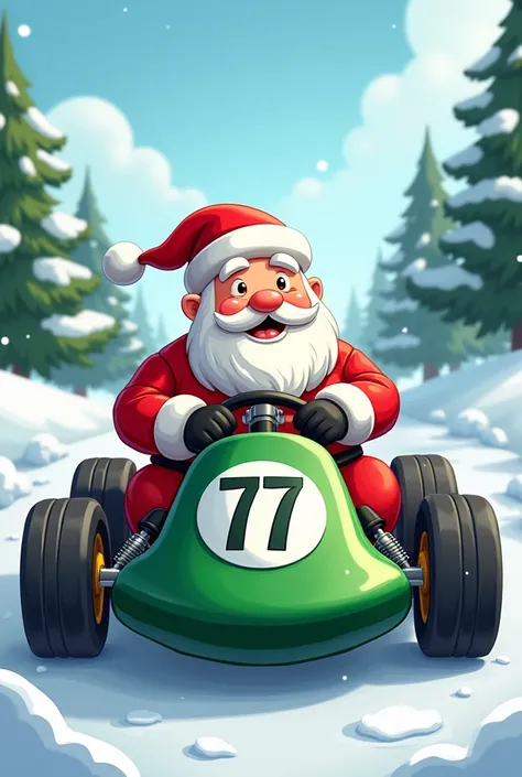 Santa Claus in a green kart with the number 777