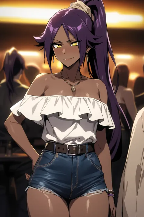 NSFW,masterpiece, top quality , High Definition , very detailed,Yoruichi Shihouin(BLEACH), long hair、 yellow eyes、 ponytail、Purple Hair、 dark skin 、 dark skin の女性, off-shoulder, Denim Shorts,belt, Casual , necklace,Earrings,Bad Smile,Nightlife