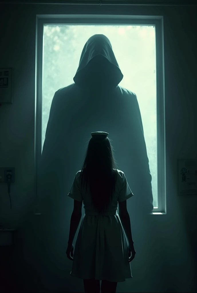 a hooded shadow on the window behind a nurse 