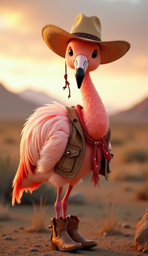  An ultra-realistic image of a super cute flamingo ,  with delicate and soft feathers in shades of soft pink and white ,  with a curious and charming look .  The flamingo is dressed in stylish cowboy clothes :  he wears a straw cowboy hat , with a brown le...