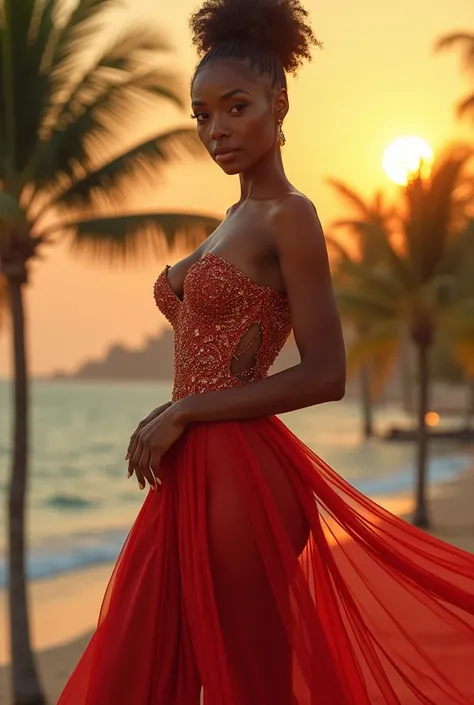 Beautiful Caribbean woman in long evening dress in front of a cinematic backdrop( looks at the viewer )